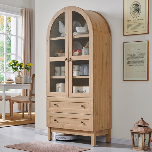 Arched Kitchen Pantry Cabinet with Glass Doors & Drawers