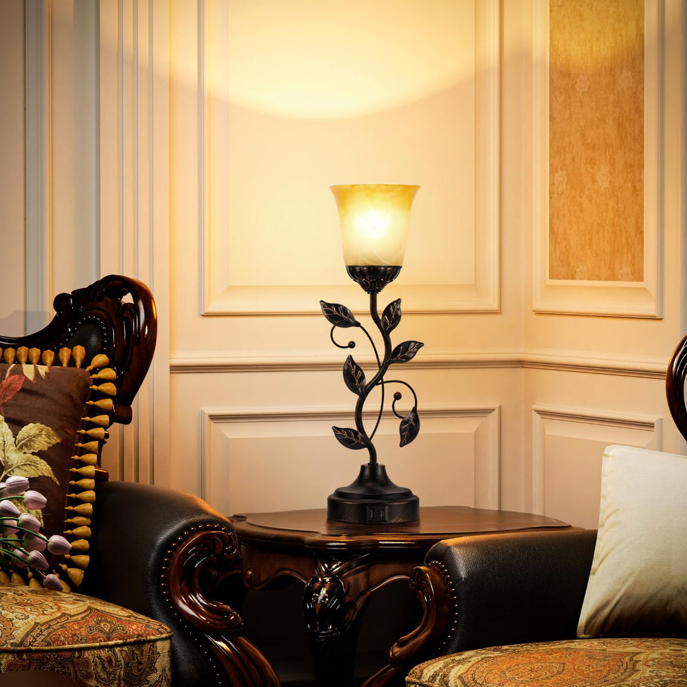 Touch Table Lamp USB Ports 3-Way Dimmable Amber Glass
