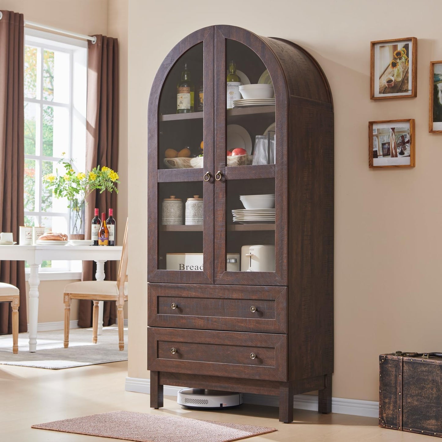 Arched Kitchen Pantry Cabinet with Glass Doors & Drawers