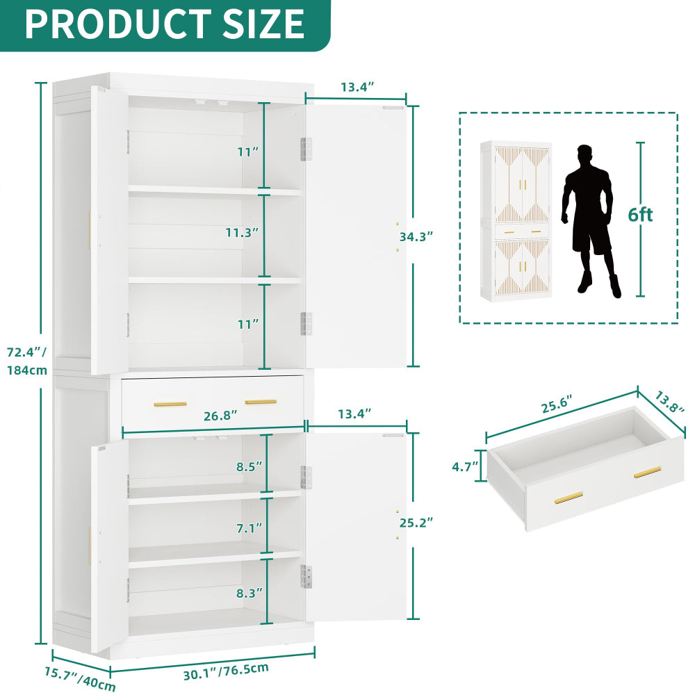 Kitchen Pantry Cabinet 72.4" Tall with Drawer & Shelves