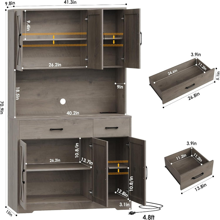 Kitchen Pantry Storage Cabinet with Barn Doors & Hutch Storage Drawers