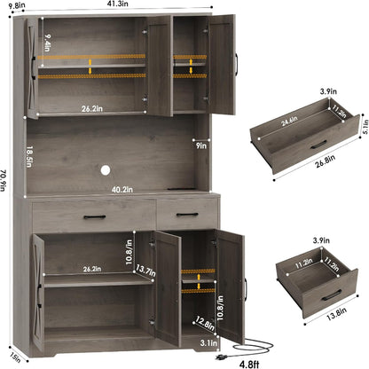 Kitchen Pantry Storage Cabinet with Barn Doors & Hutch Storage Drawers