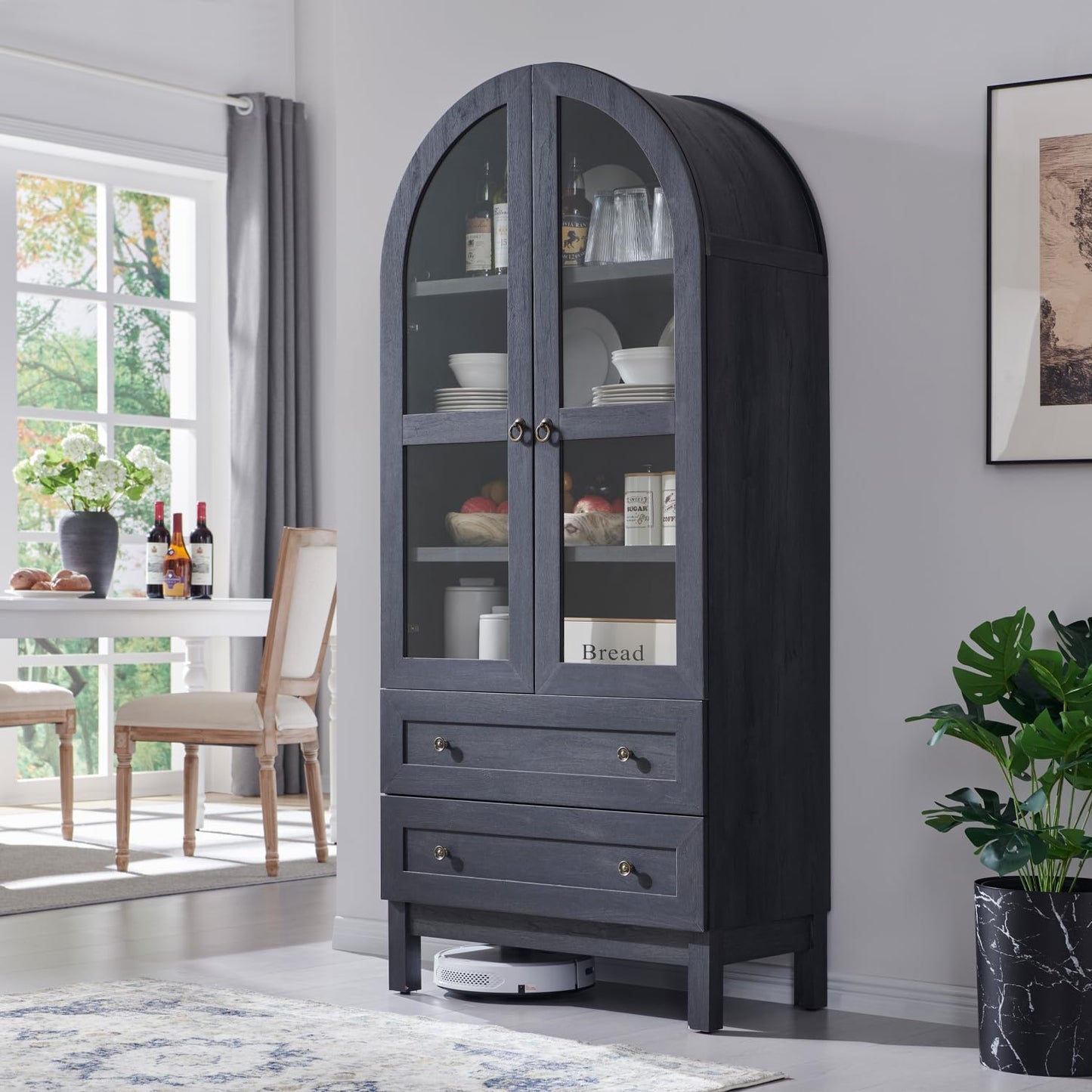 Arched Kitchen Pantry Cabinet with Glass Doors & Drawers