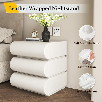 Leather Wrapped Nightstand with 3 Wooden Drawers & Curved Designed