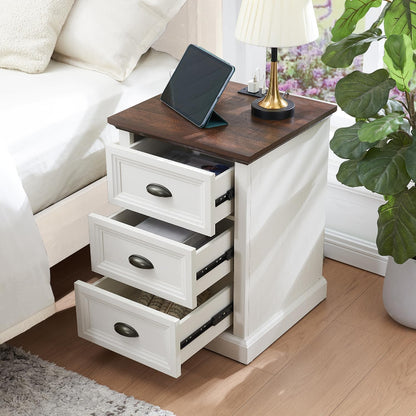 Farmhouse Wooden Nightstand with 3 Drawers & USB Ports