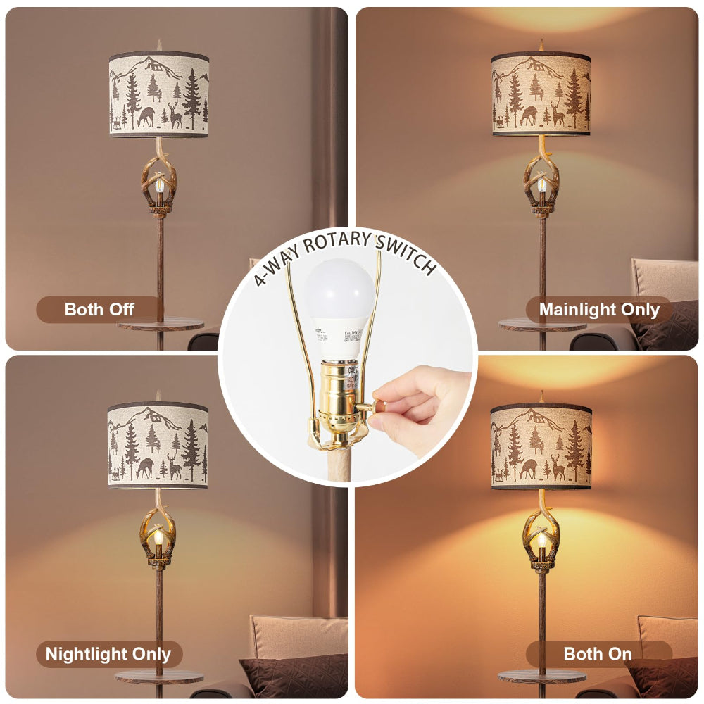 Rustic Antlers Floor Lamp with Tray & Night Light - Farmhouse Style