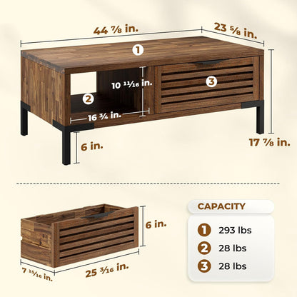 Coffee Table with Slatted Storage Drawers & Supporting Metal Legs