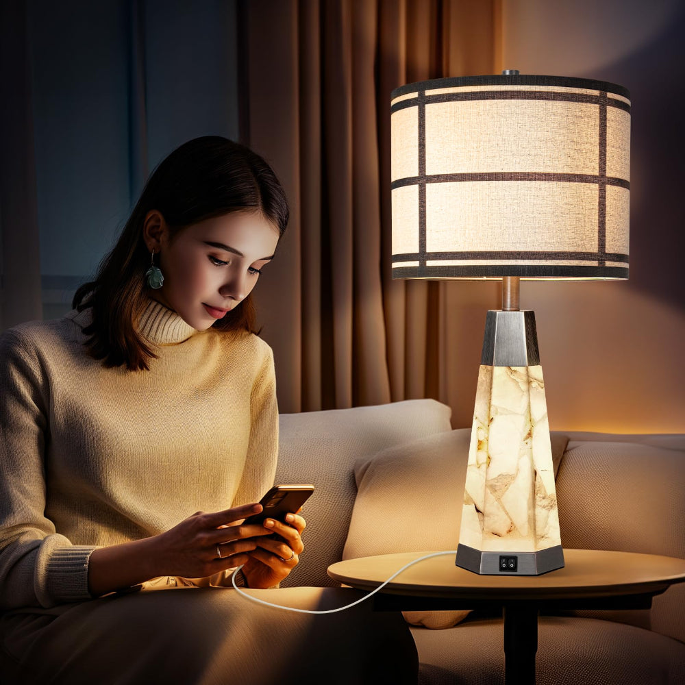 Natural Alabaster Table Lamps Set of 2 with USB Ports