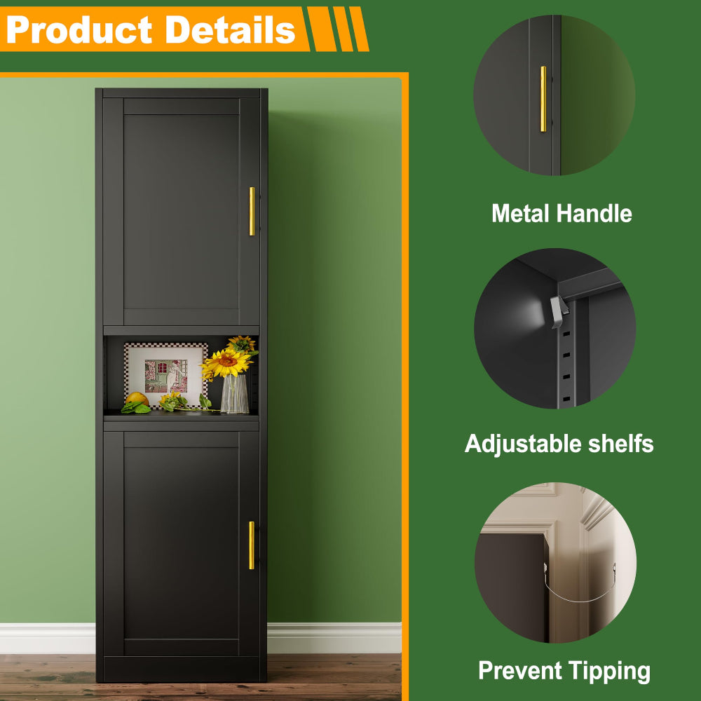 67" Tall Bathroom Cabinet - Black Metal Storage, Adjustable