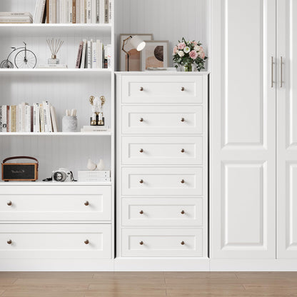 White 6-Drawer Dresser, 56" Tall with Metal Handles