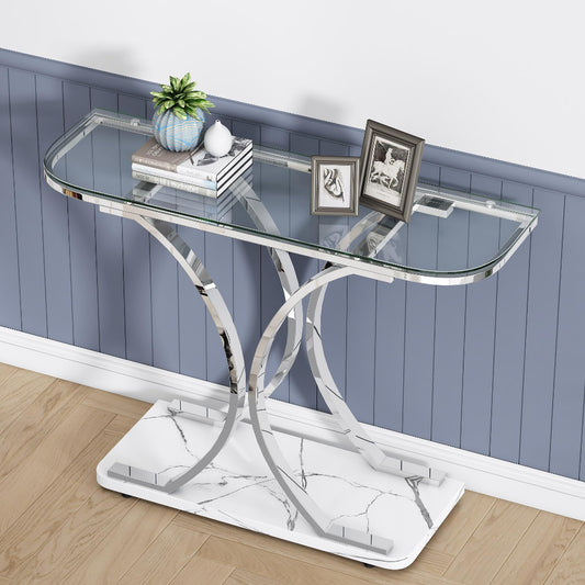 Silver Glass Console Table - Modern Entryway Elegance