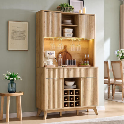 Wine Bar Cabinet with LED & Storage Hutch