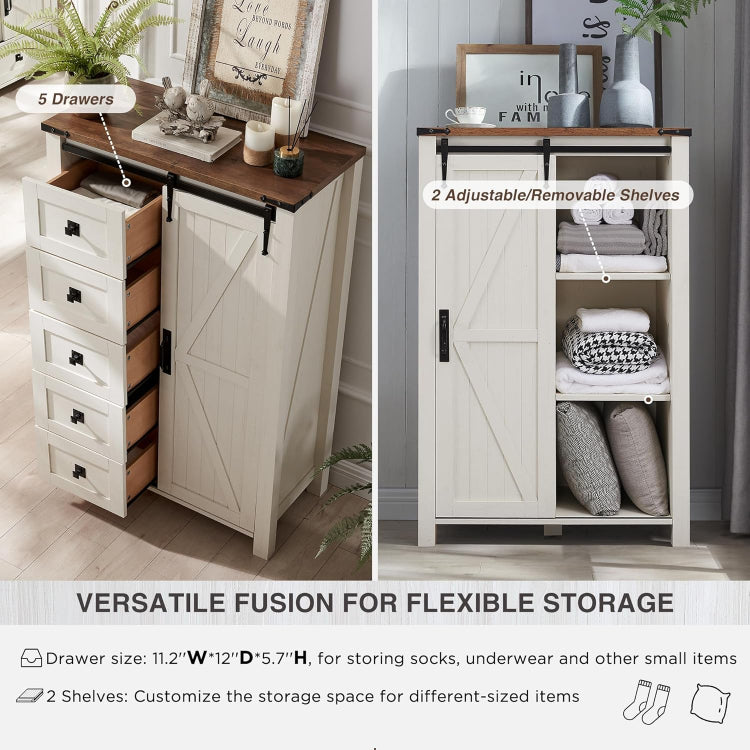 Farmhouse 5-Drawer Dresser with Sliding Barn Door & Removable Shelves