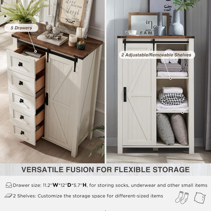 Farmhouse 5-Drawer Dresser with Sliding Barn Door & Removable Shelves