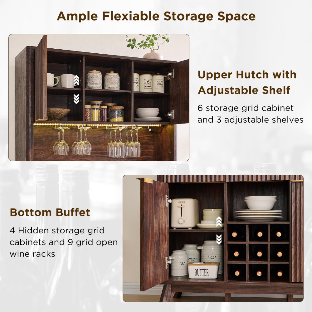 Wine Bar Cabinet with LED & Storage Hutch - Dark Walnut
