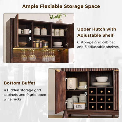 Wine Bar Cabinet with LED & Storage Hutch - Dark Walnut