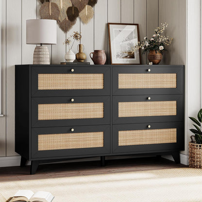 6-Drawer Dresser with Natural Rattan & Gold Handles