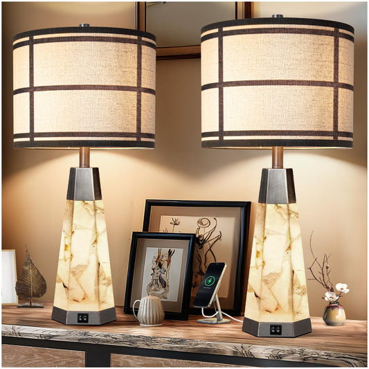 Natural Alabaster Table Lamps Set of 2 with USB Ports