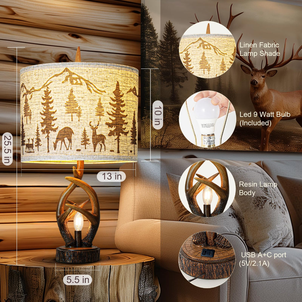 Farmhouse Deer Antler Lamps Set of 2 with USB & Nightlight