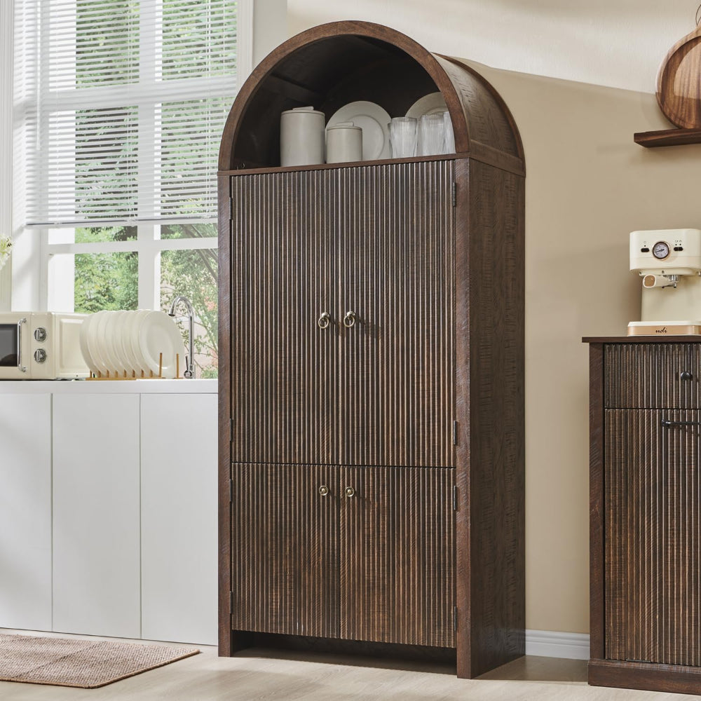 Arched Kitchen Pantry Cabinet with 6 Adjustable Shelves & Fluted Doors