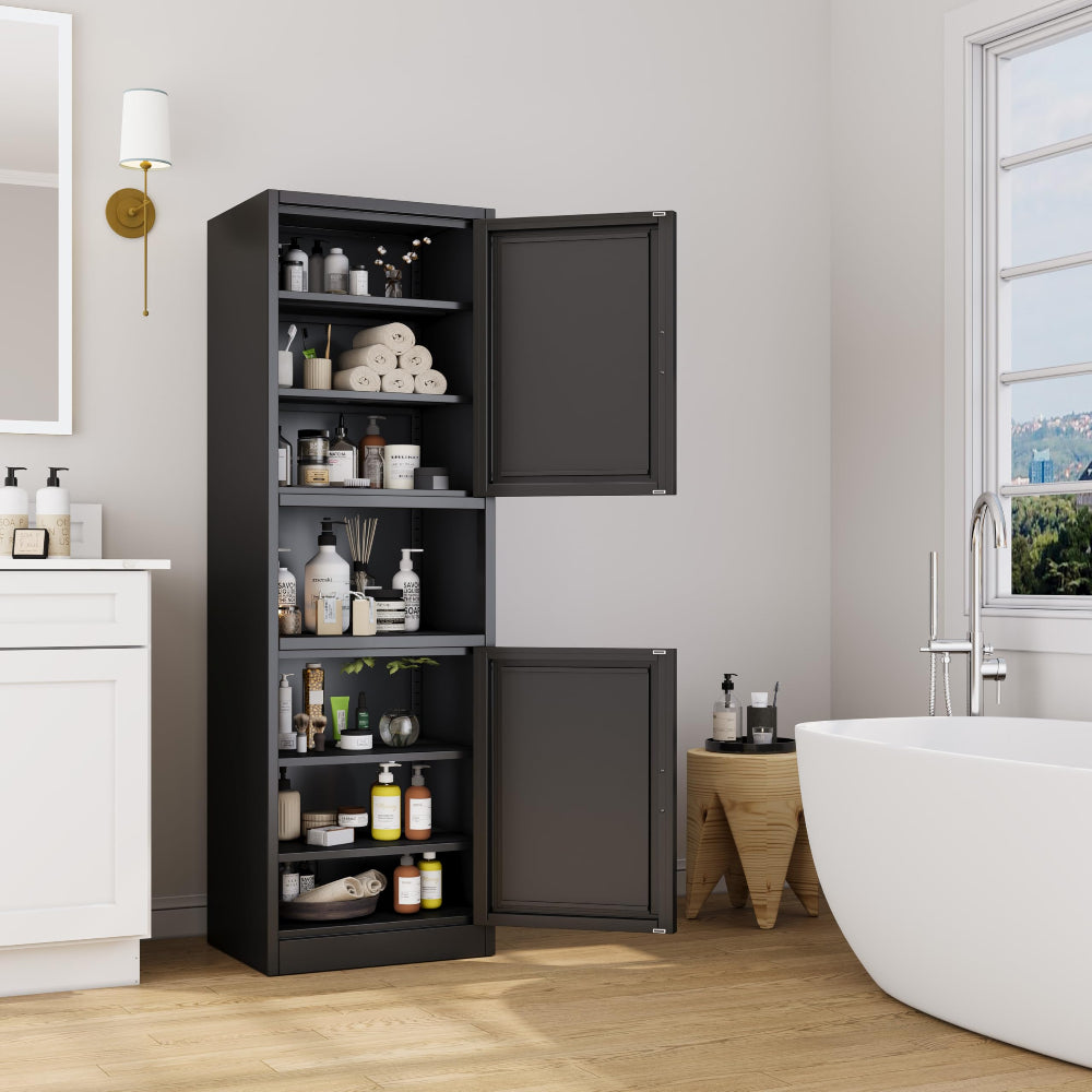 67" Tall Bathroom Cabinet - Black Metal Storage, Adjustable