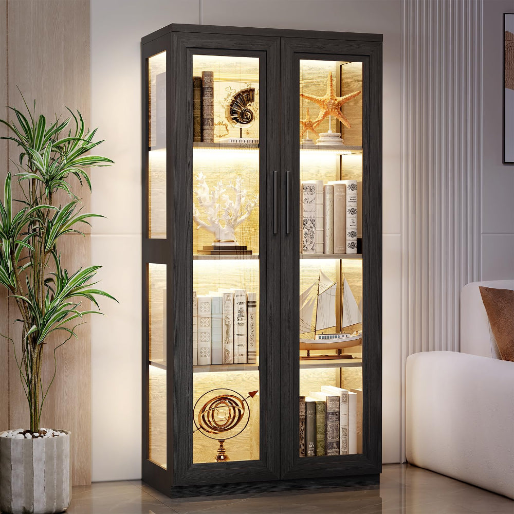 Curio Cabinet with Glass Doors & LED Lights - Modern Black