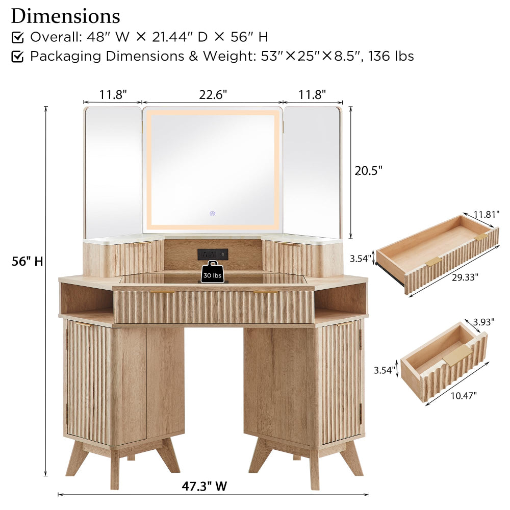 48" Corner Vanity Table w/ Mirror, Lights & Charging Station