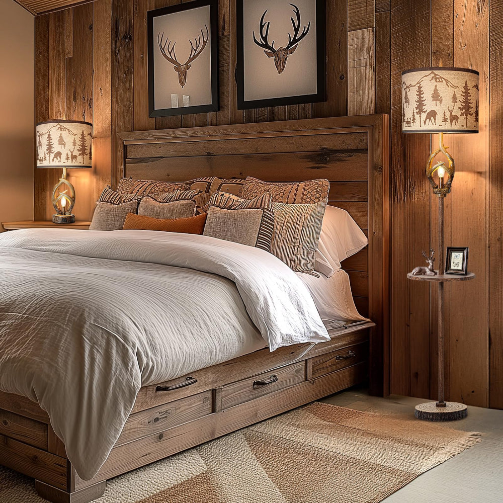 Rustic Antlers Floor Lamp with Tray & Night Light - Farmhouse Style
