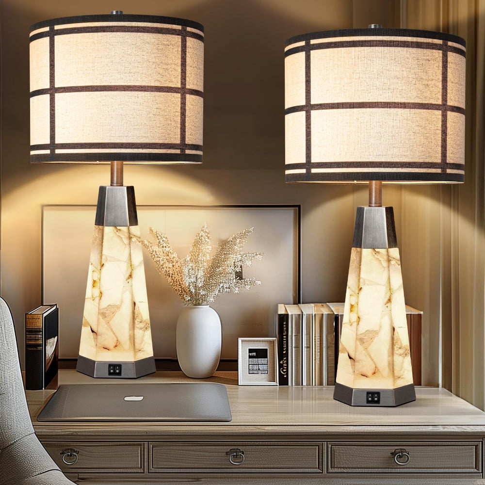 Natural Alabaster Table Lamps Set of 2 with USB Ports