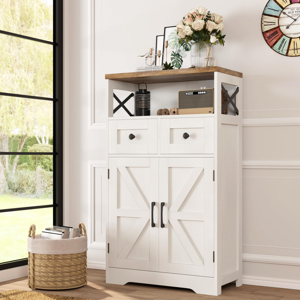 Farmhouse White Storage Cabinet with Doors & Drawers
