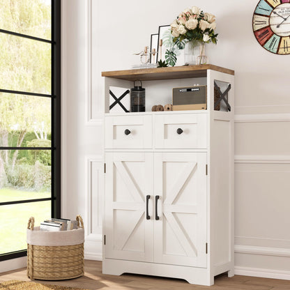 Farmhouse White Storage Cabinet with Doors & Drawers