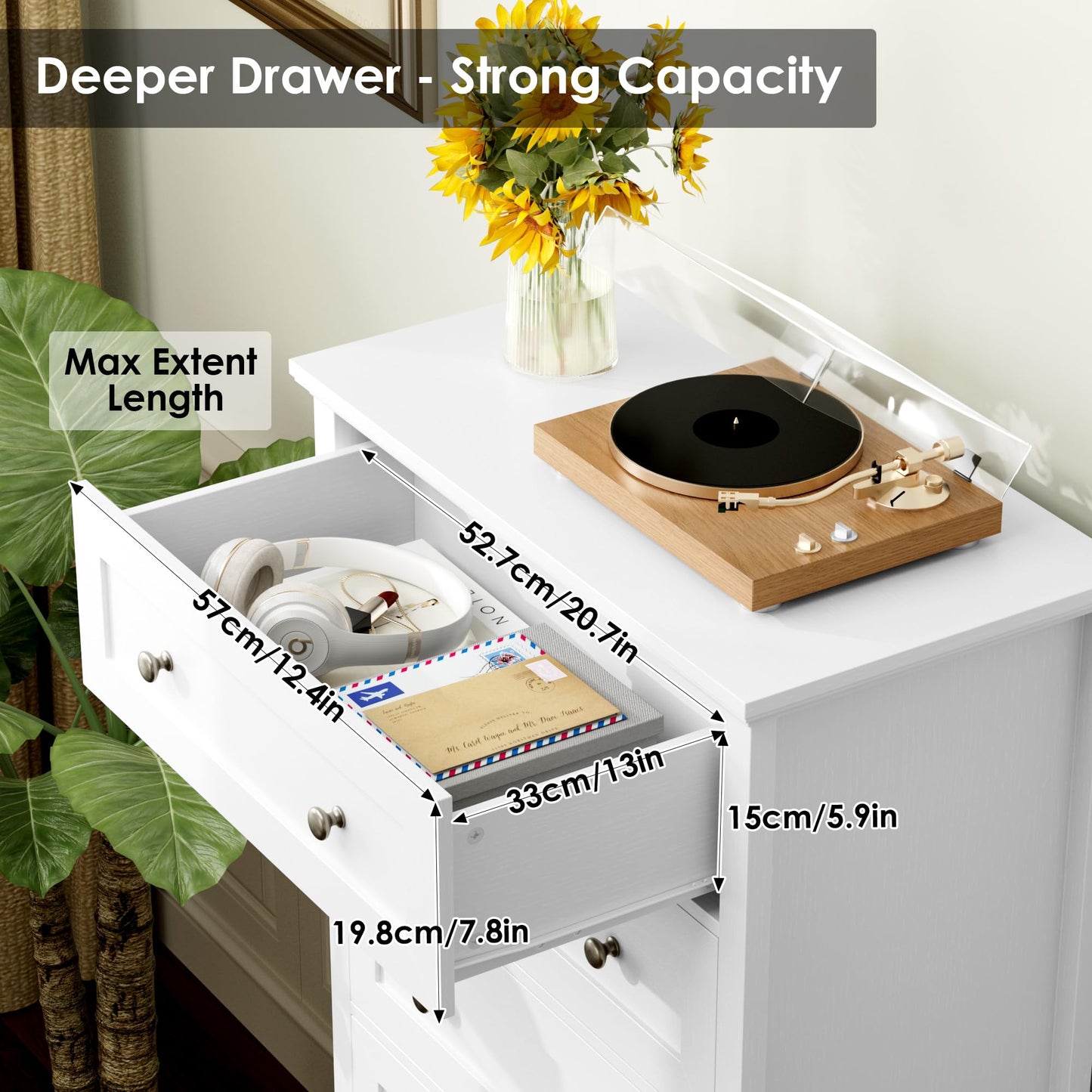 White 6-Drawer Dresser, 56" Tall with Metal Handles
