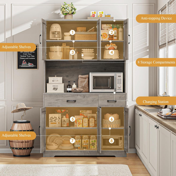 Kitchen Pantry Storage Cabinet with Barn Doors & Hutch Storage Drawers