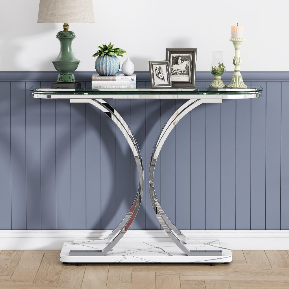 Silver Glass Console Table - Modern Entryway Elegance