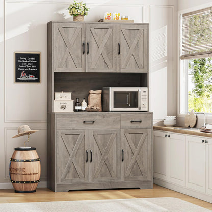 Kitchen Pantry Storage Cabinet with Barn Doors & Hutch Storage Drawers