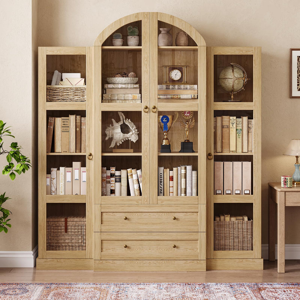 Arched Kitchen Pantry Cabinet 72.4" with Glass Doors & Drawers