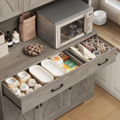 Kitchen Pantry Storage Cabinet with Barn Doors & Hutch Storage Drawers