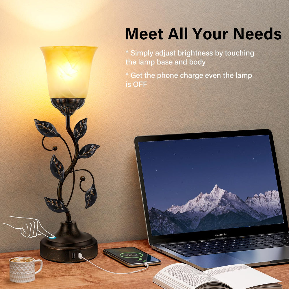 Touch Table Lamp USB Ports 3-Way Dimmable Amber Glass