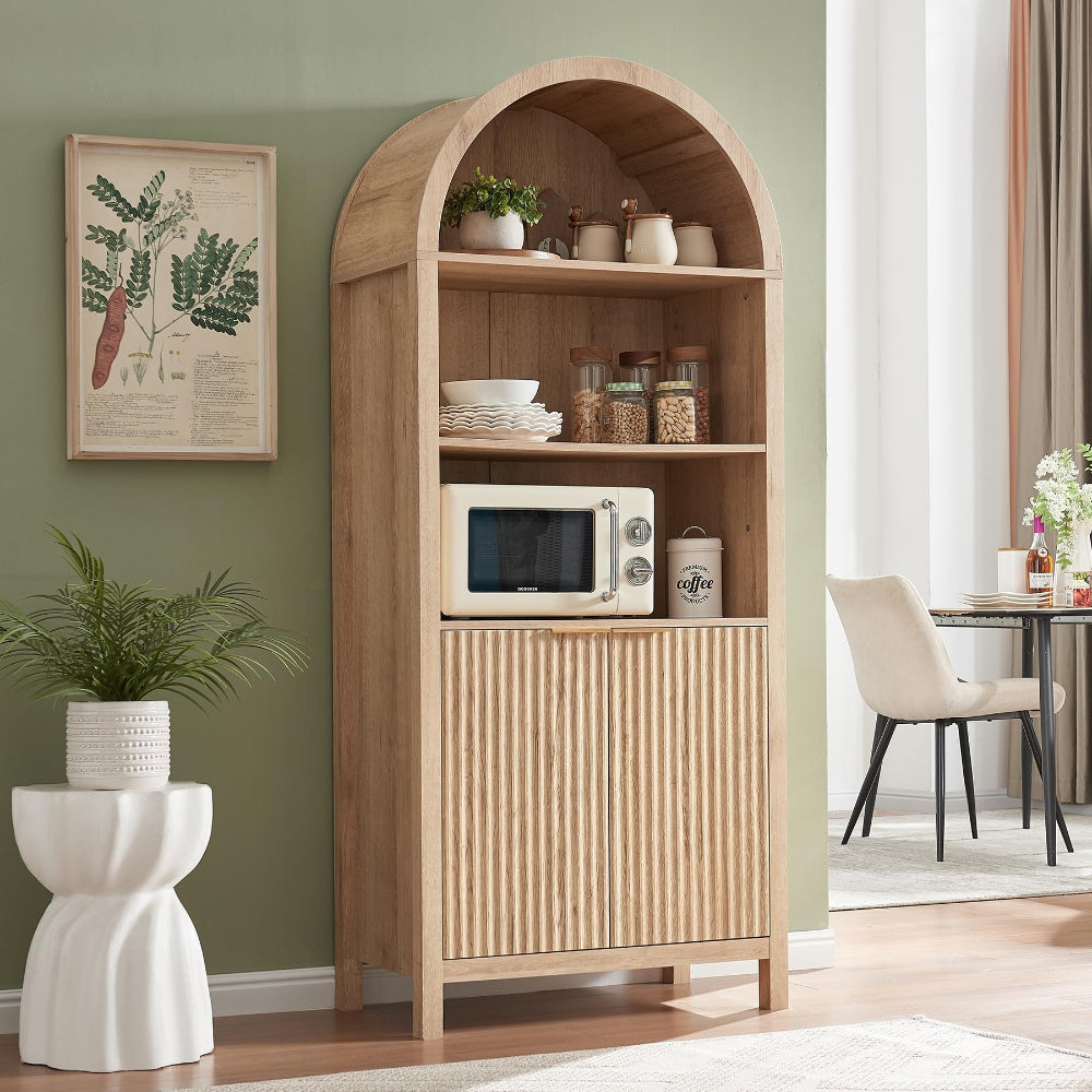 71” Arched Display Cabinet - Mid Century Bookshelf, Natural