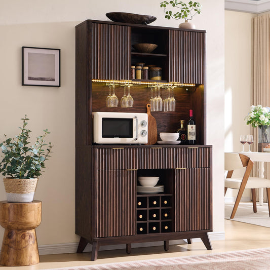 Wine Bar Cabinet with LED & Storage Hutch - Dark Walnut