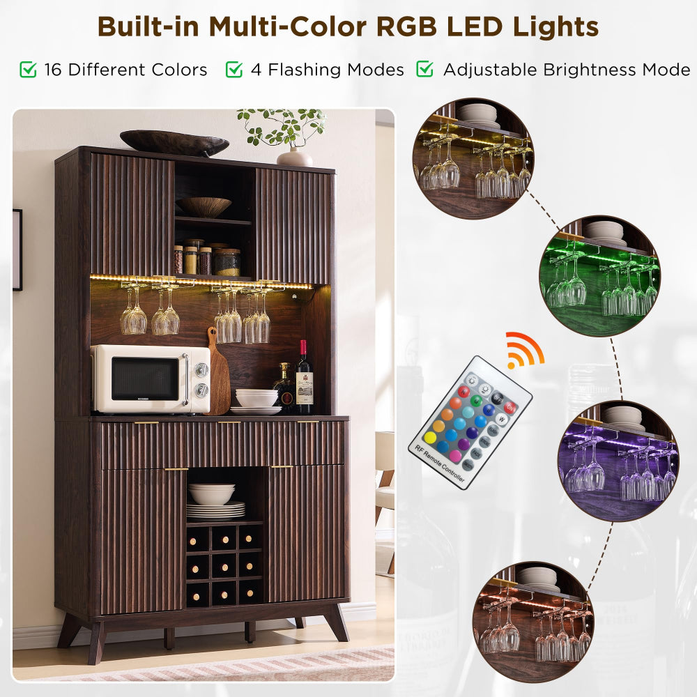 Wine Bar Cabinet with LED & Storage Hutch - Dark Walnut