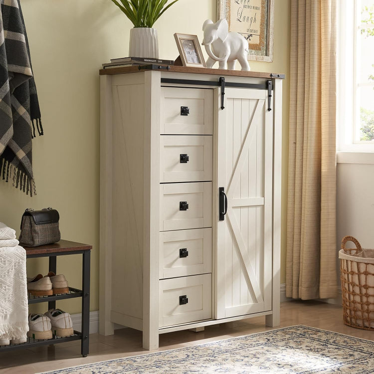Farmhouse 5-Drawer Dresser with Sliding Barn Door & Removable Shelves