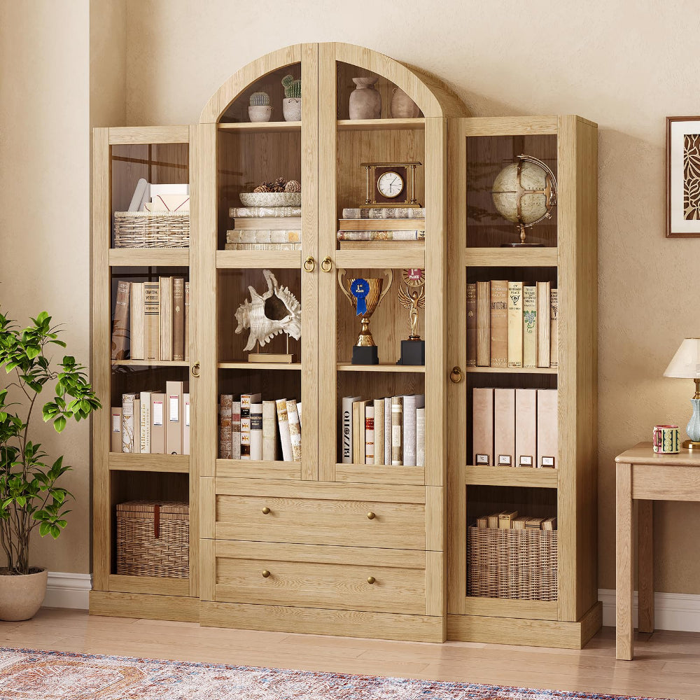 Arched Kitchen Pantry Cabinet 72.4" with Glass Doors & Drawers