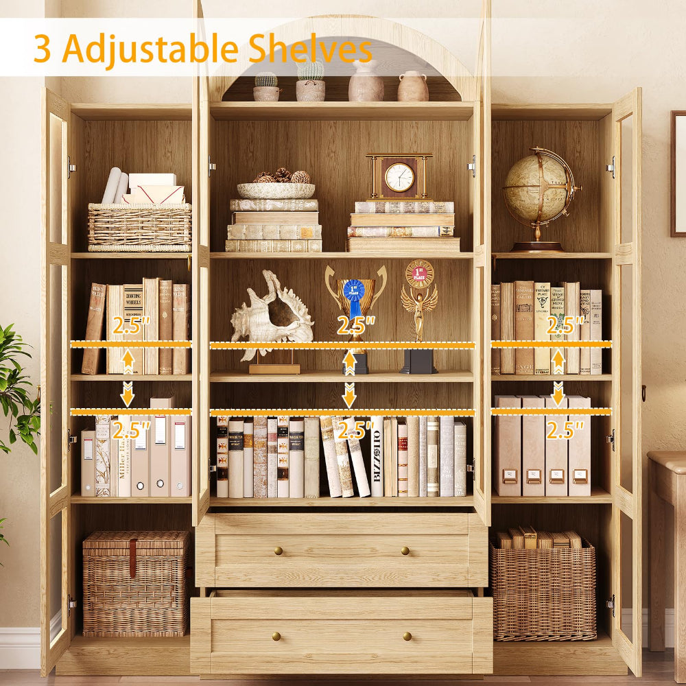 Arched Kitchen Pantry Cabinet 72.4" with Glass Doors & Drawers