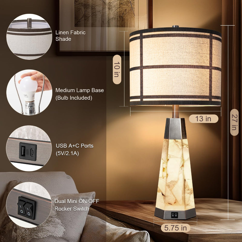 Natural Alabaster Table Lamps Set of 2 with USB Ports