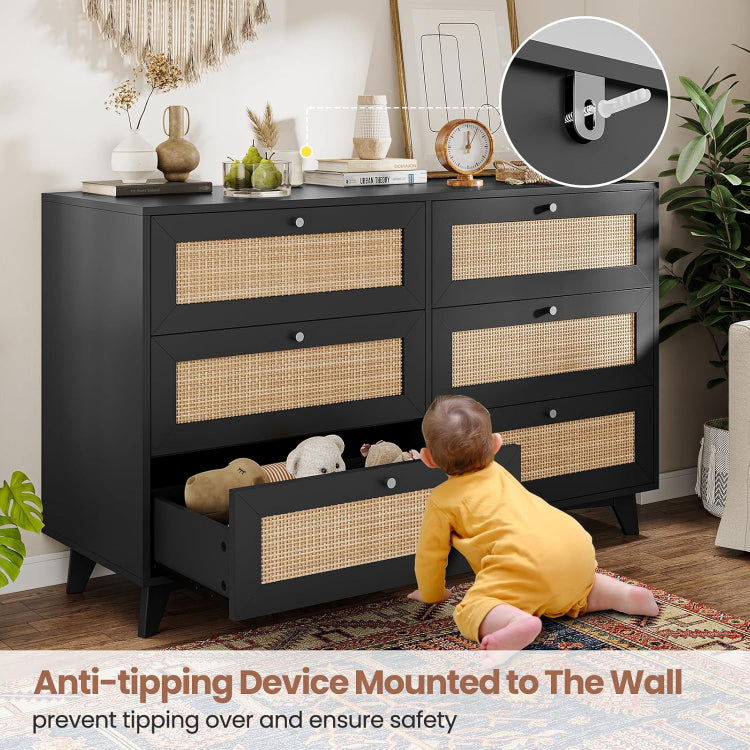 6-Drawer Dresser with Natural Rattan & Gold Handles