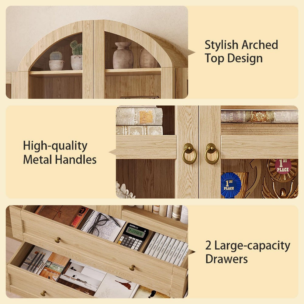Arched Kitchen Pantry Cabinet 72.4" with Glass Doors & Drawers