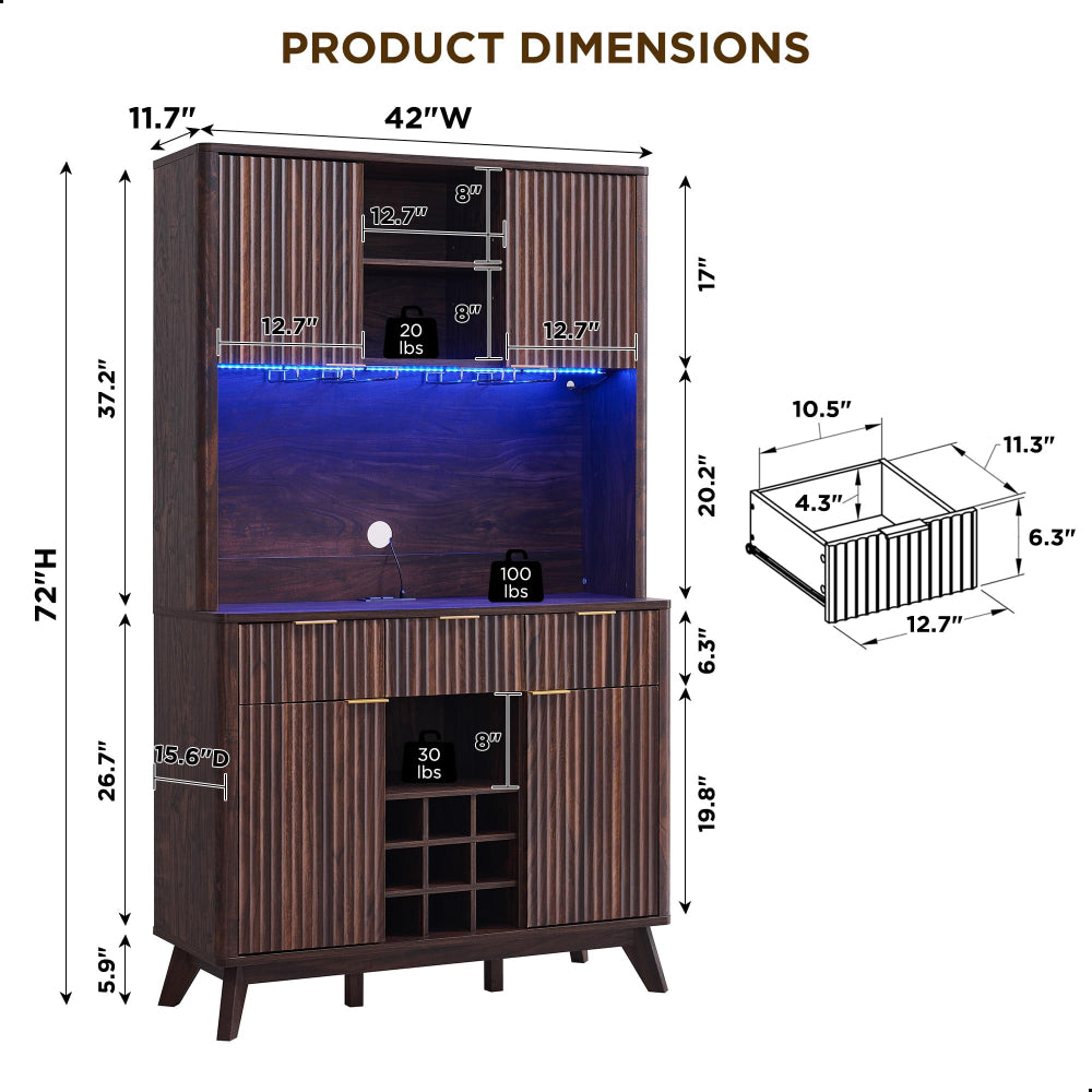 Wine Bar Cabinet with LED & Storage Hutch - Dark Walnut