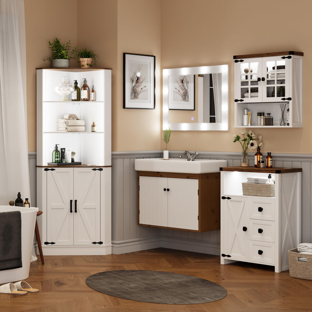 Farmhouse Corner Cabinet with LED Light - 67" Tall, White