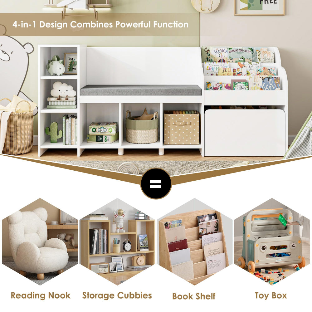 Kids Reading Nook & Bookshelf with Storage Bench - White